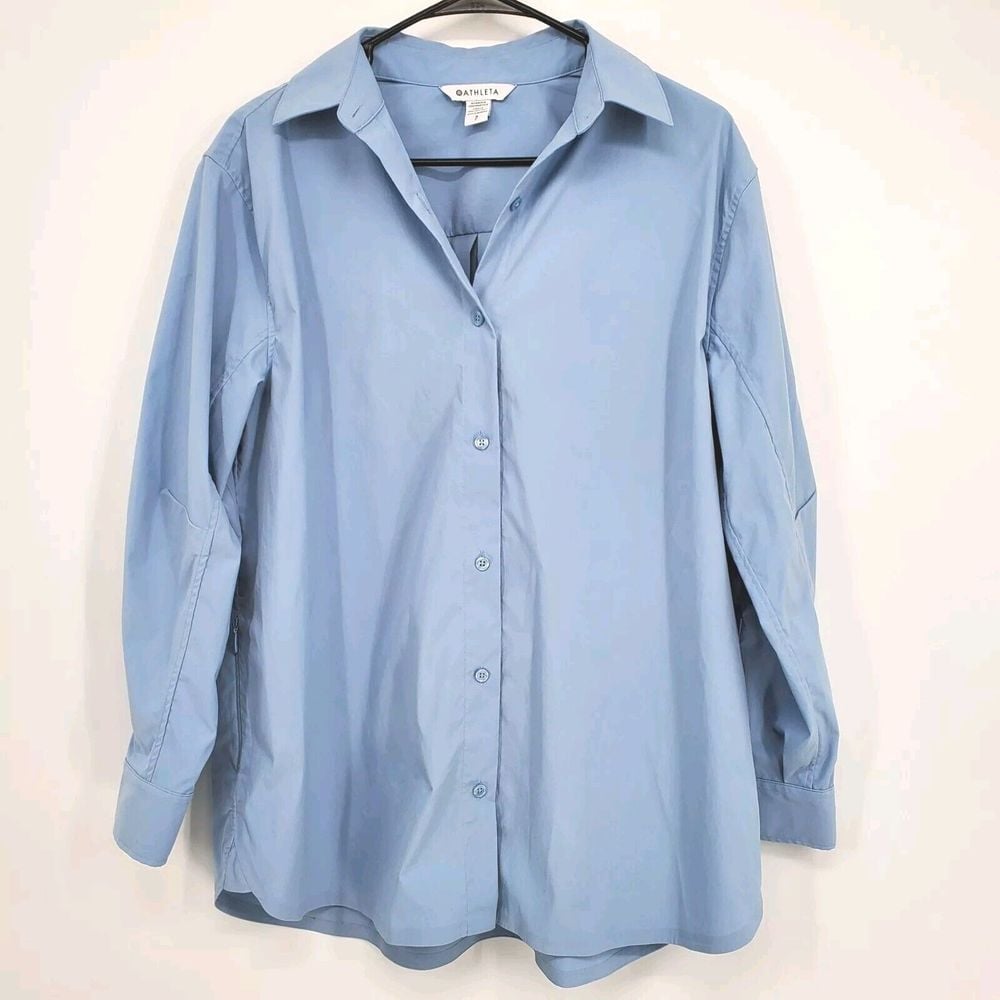 Athleta Oversized Performance Poplin Top Button Up Shirt Small Heron Blue B2