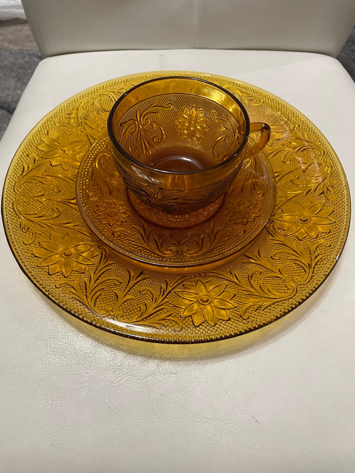 Indiana Glass DAISY Amber Plate Cup and Saucer Set