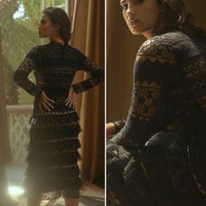 Anthropologie Forever That Girl Lace Ruffle Black Nude Midi Long Sleeve Dress