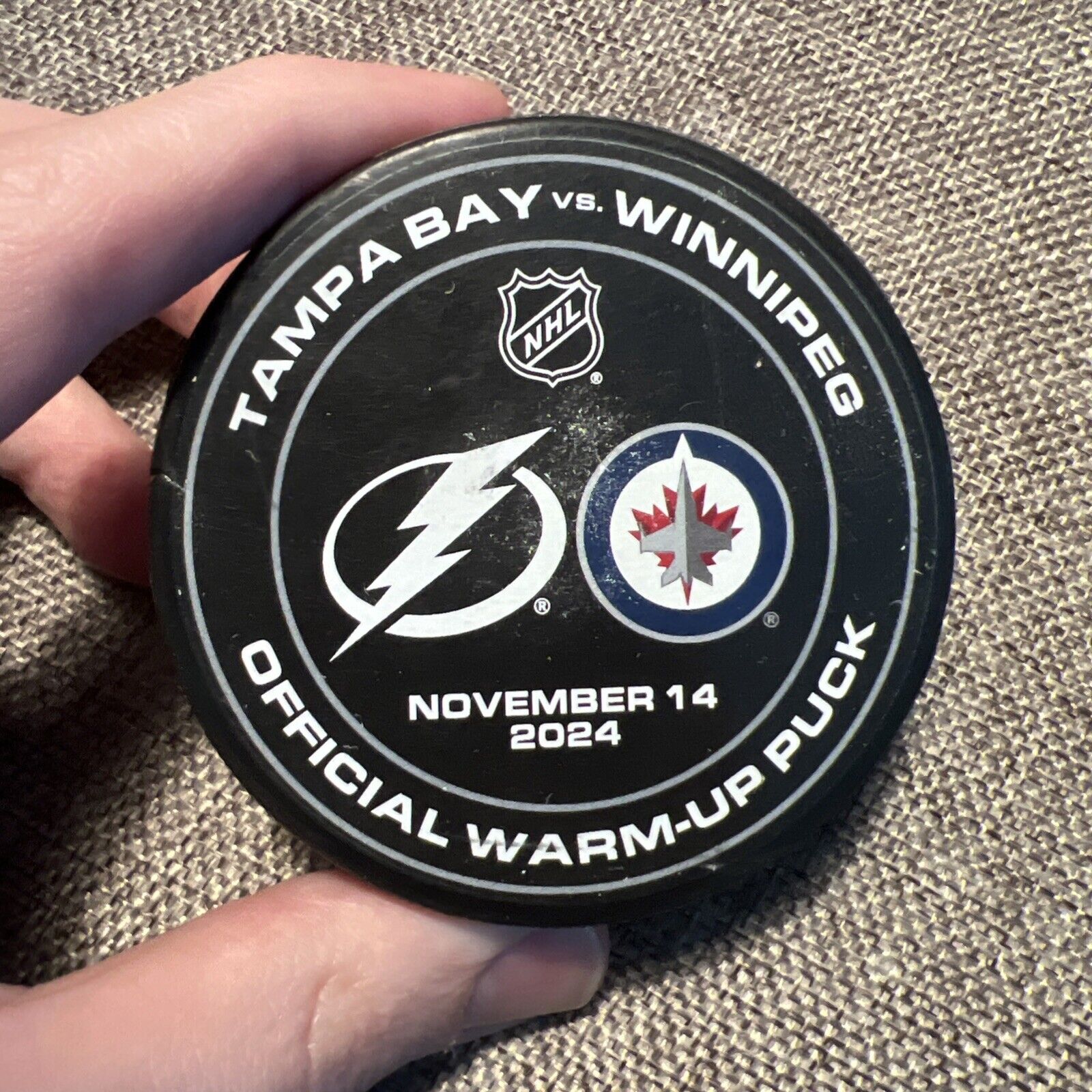 WINNIPEG JETS vs TAMPA BAY LIGHTNING USED Warm-Up Puck 11/14/2024 Game Vasy 300