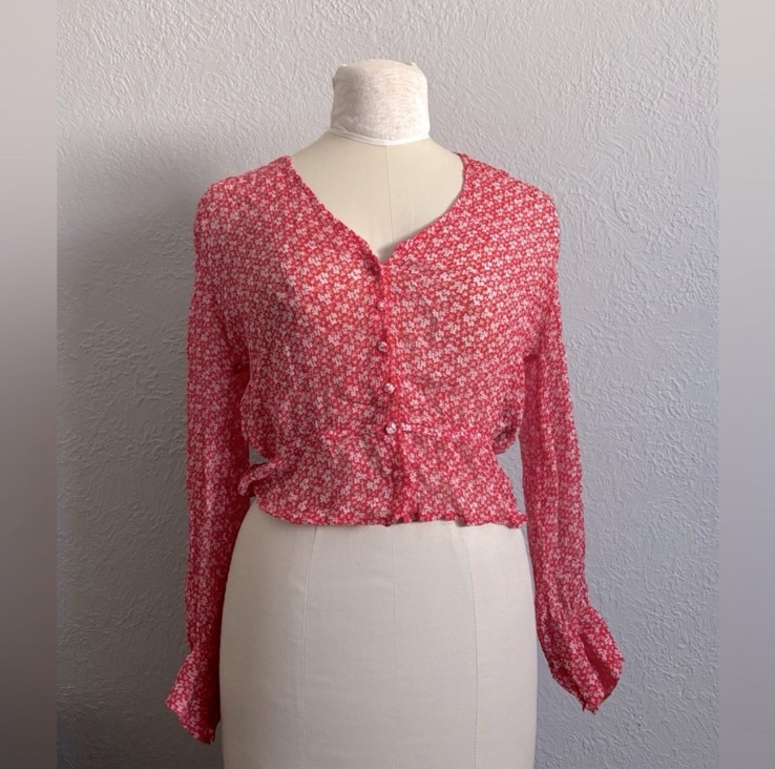 The Kooples Boho Floral Red & White Viscose Long Sleeve Top Size Small