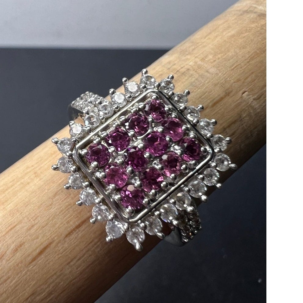 Pink tourmaline and white topaz sterling silver cluster ring size 9