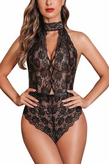 Women's Lingerie Deep V Lace Teddy One Piece Babydoll Mini Bodysuit Halter