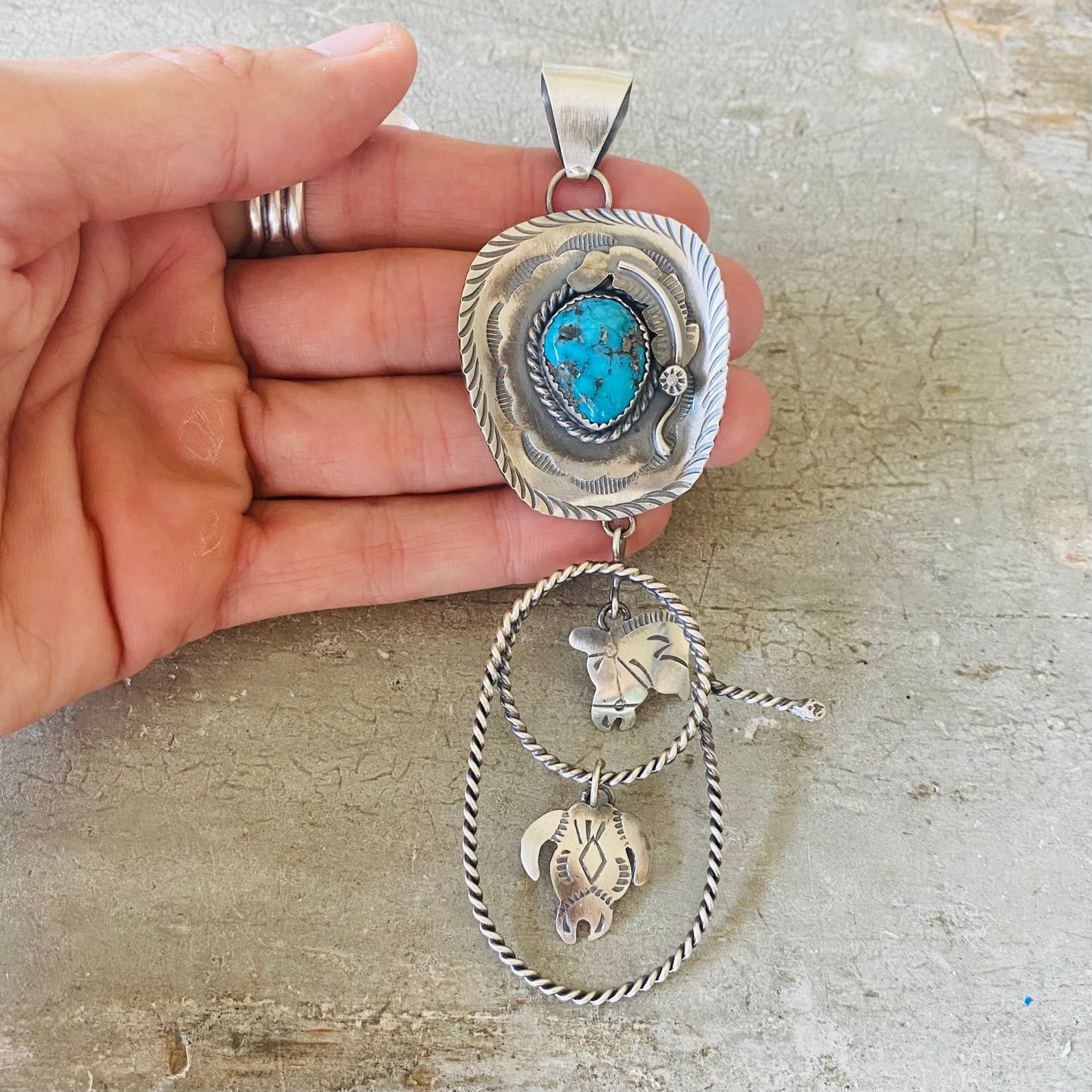 Navajo Tim Yazzie Sterling Silver & Kingman Turquoise Cowboy Pendant
