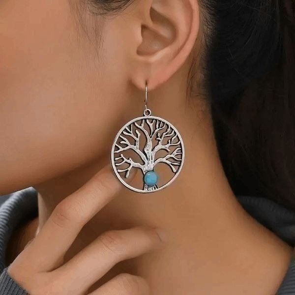 Boho Silver Tree Of Life Inlaid Turquoise Dangle Earrings