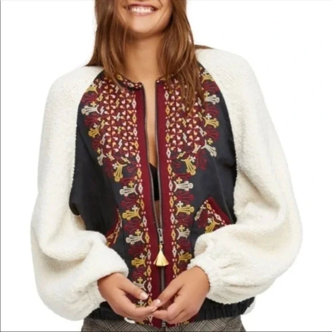 Free People Two Faced Embroidered Cream Black Red Jacket Size Medium