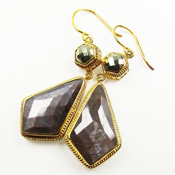 ANNA BECK 445 Sterling Silver Hypersthene & Pyrite Dangle Earrings
