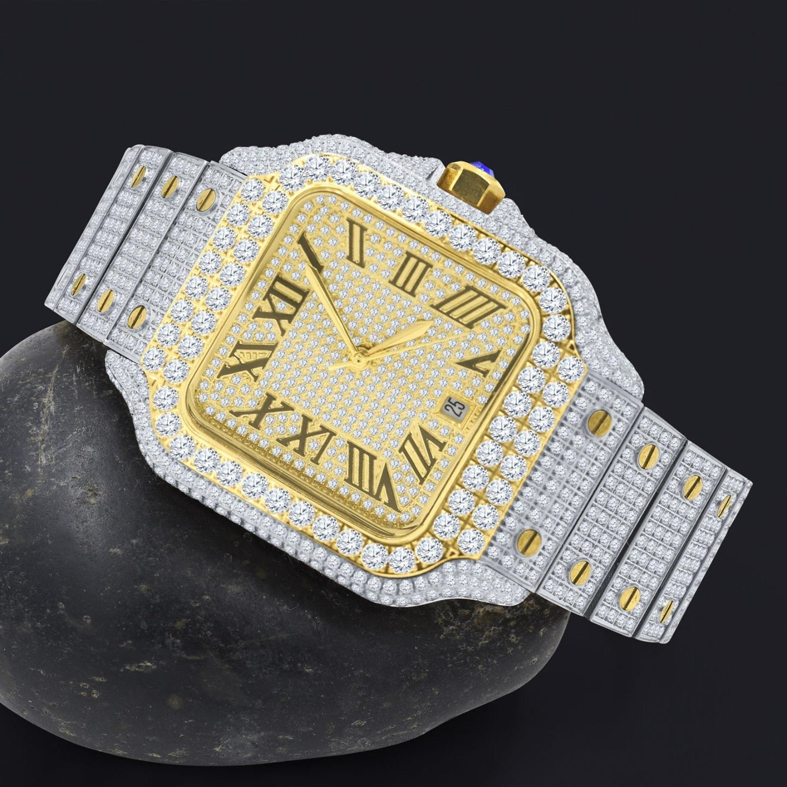 Bling master mens 2 tone gold moissanite vvs watch - fully iced out real vvs