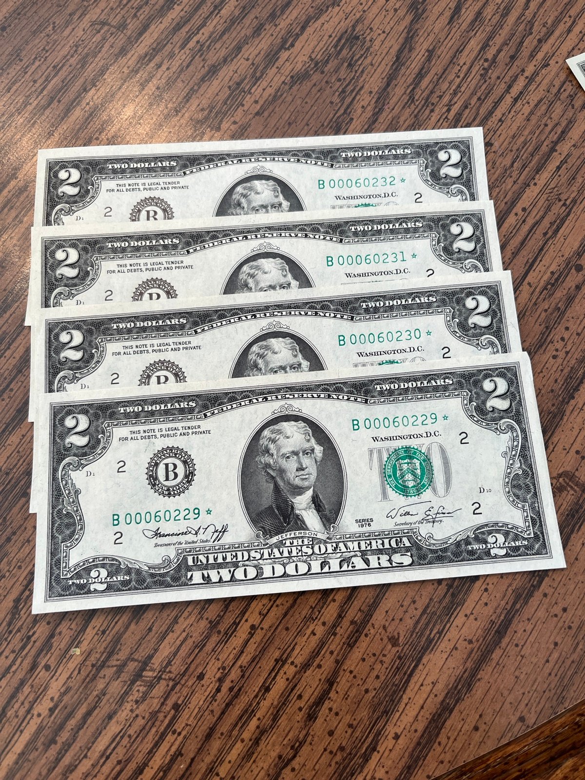 Four 1976 uncirculated 2 bill !!!