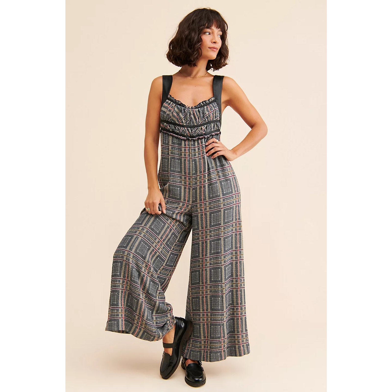 New Free People Marley Plaid One-Piece Wide Leg Jumpsuit 188 X-SMALL
