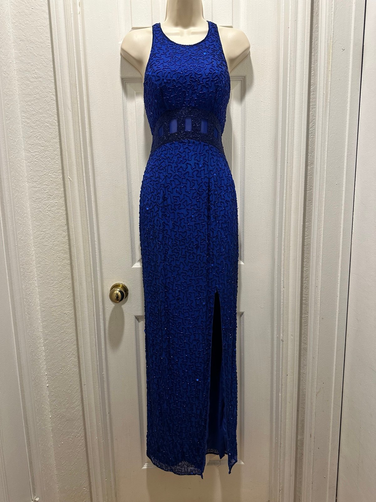 Gorg Vintage Andretta Donatello 100% Silk Fully Beaded Blue Gown/Dress Size XS