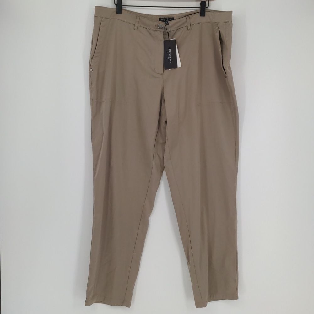 Lafayette 148 Women's Partridge Pants Size 16 Straight Leg Tan Shiny Satin Work