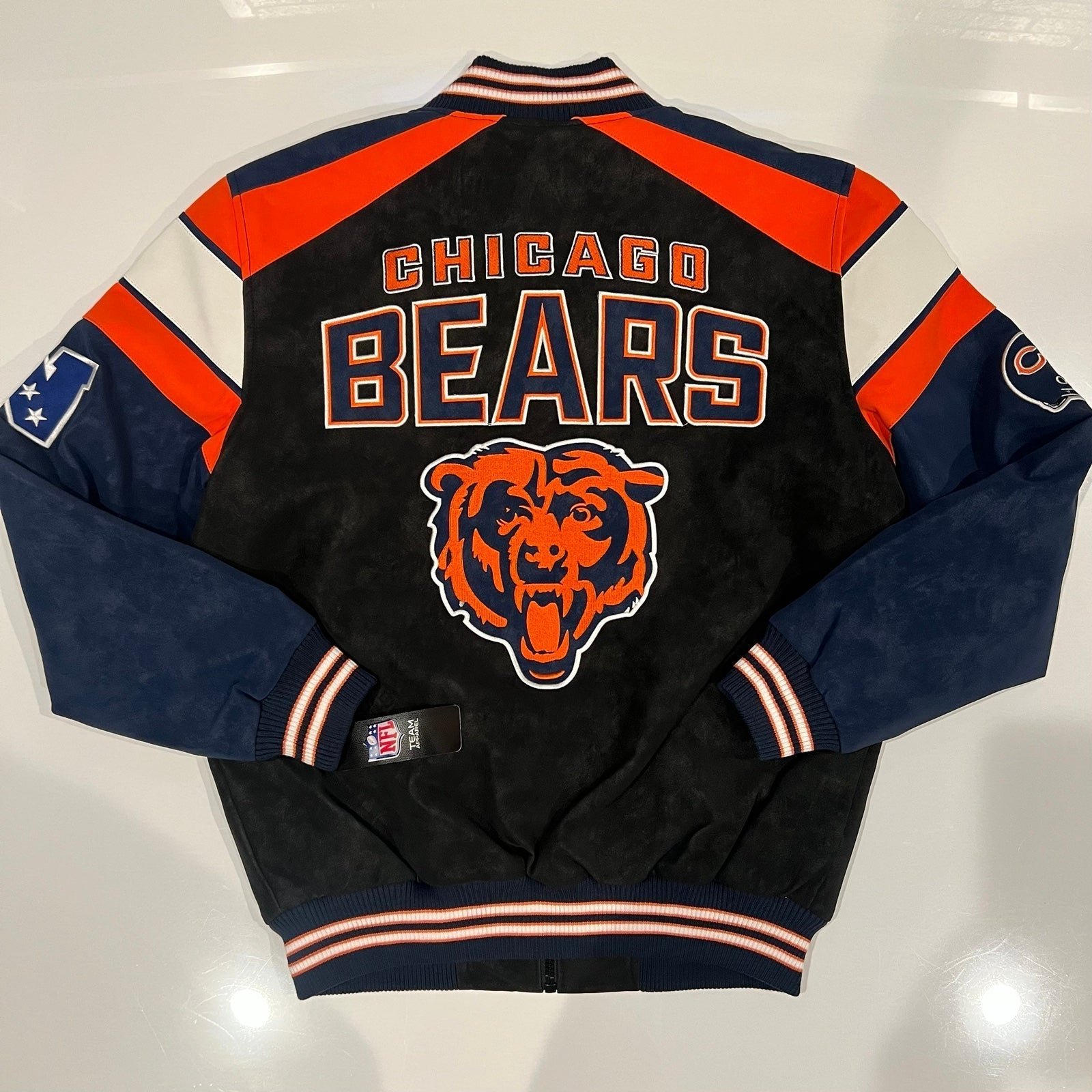 Chicago Bears NFL Team Apparel Faux Suede Bomber Jacket Size Large