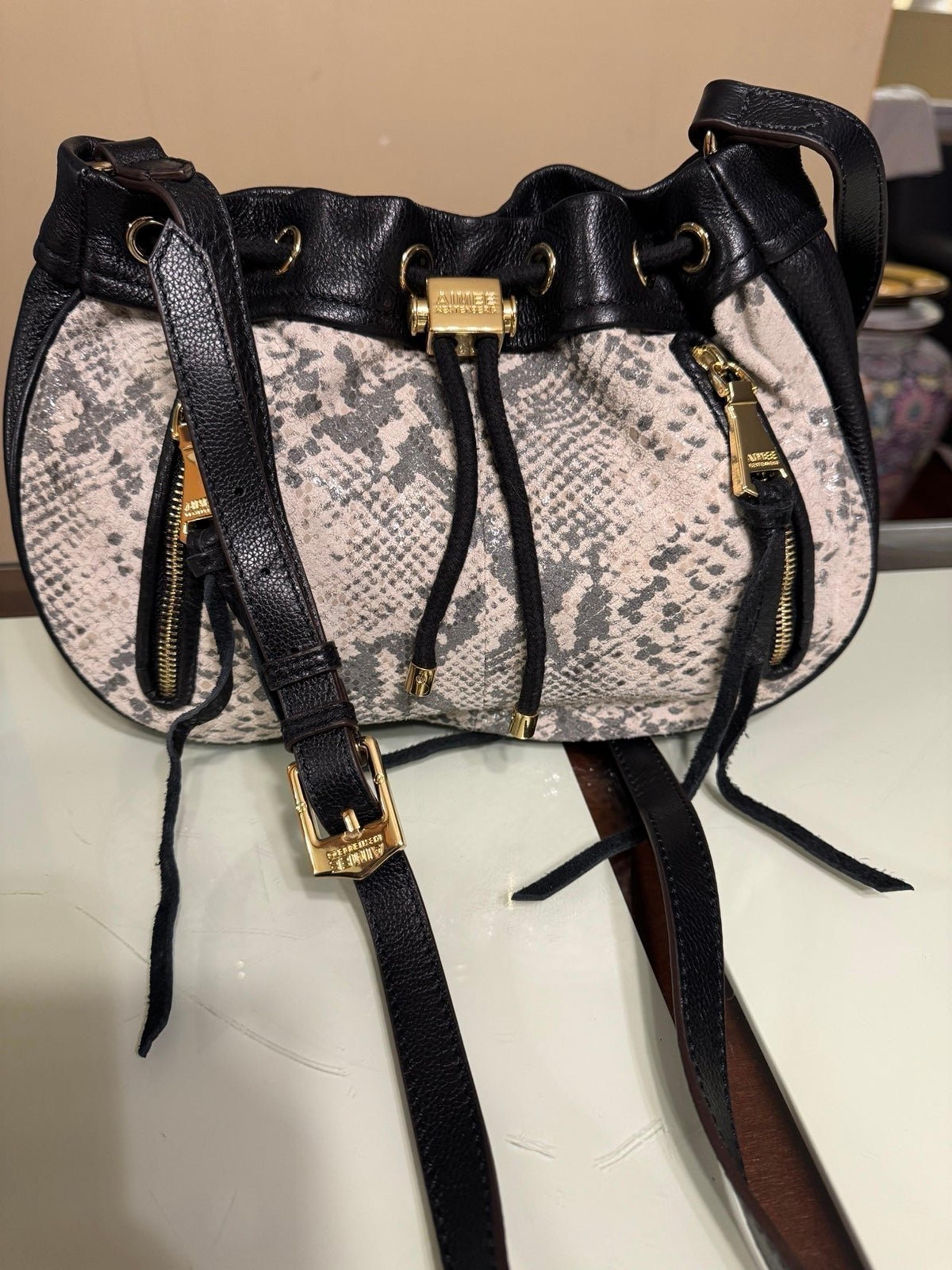 aimee kestenberg crossbody purse mint condition black gray animal print leather