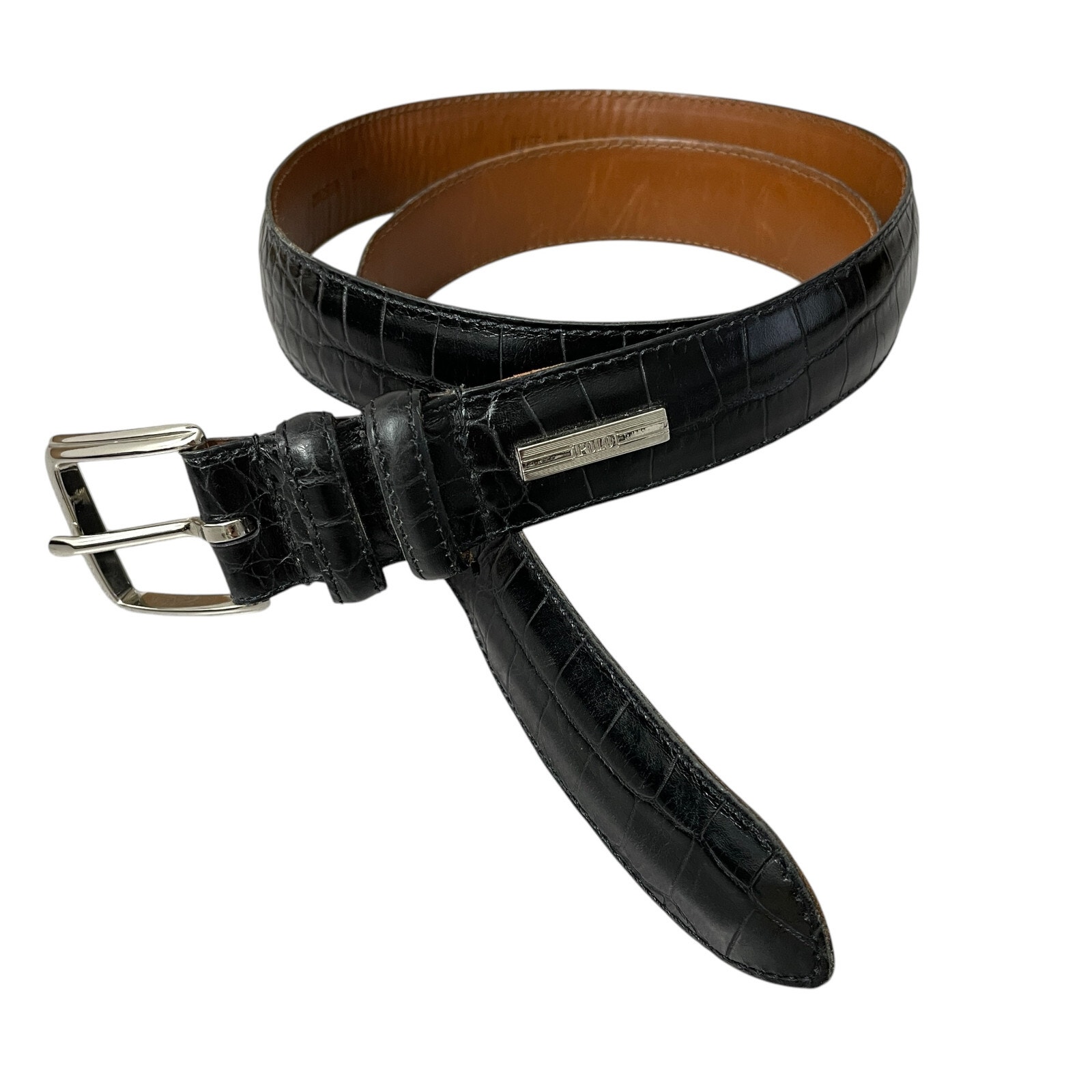 Polo Ralph Lauren Belt Black 36 Mens Croc Embossed Silver Buckle Italian 1.25in