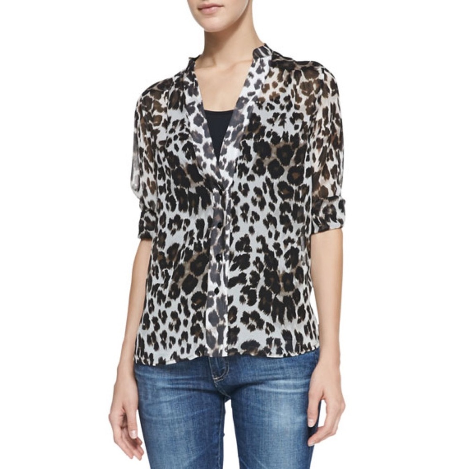 Diane von Furstenberg Harlow Tab-Sleeve Snow Leopard-Print Blouse Silk Size 2