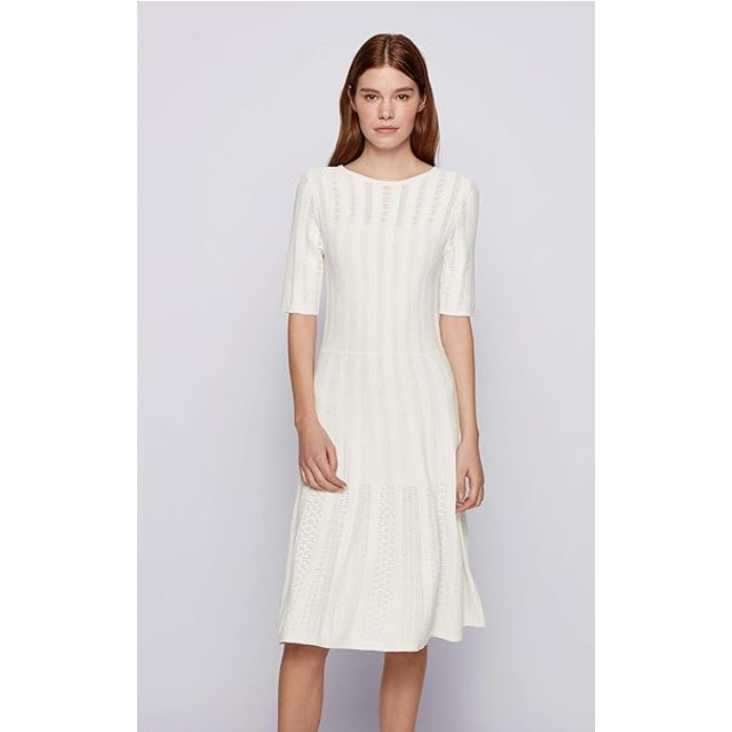 BOSS Hugo Boss C Feli Pointelle Fit & Flare Knit Dress Women's Small Ivory Midi