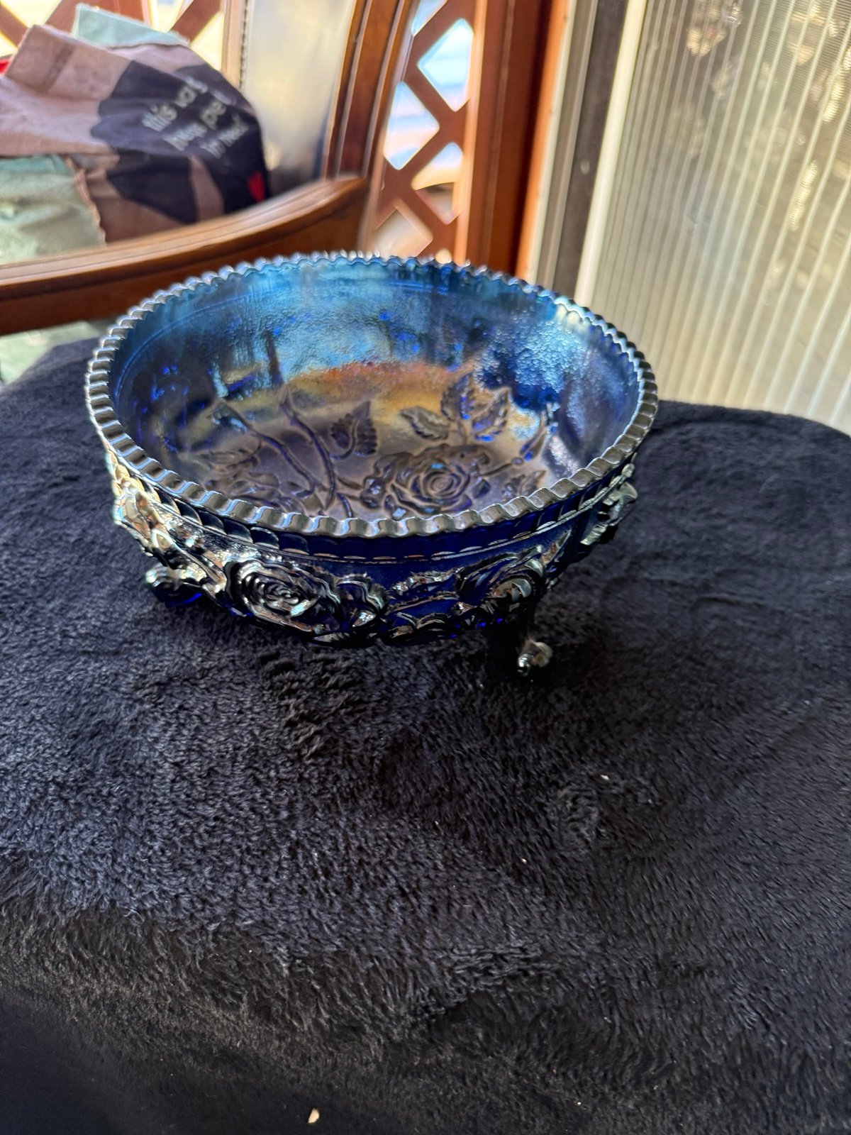 Imperial footed blue carnival glass bowl Rose Pattern