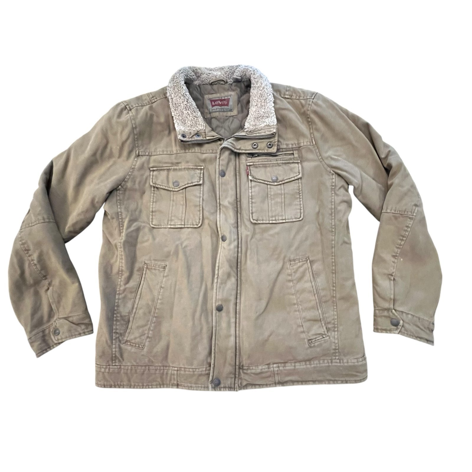 VTG Levis TAN Denim Jacket Sherpa Collared Quilted Lining Size Large Chore Ranch