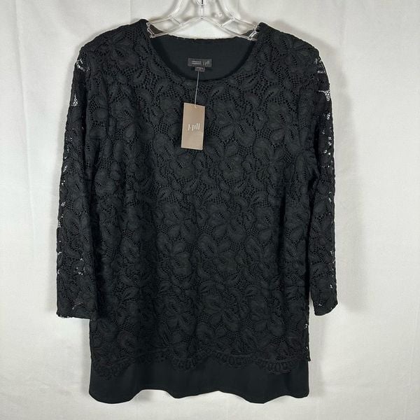 NWT J. Jill Women’s Lined Black Lace Tunic Top Shirt Pullover 3/4 Sleeves M