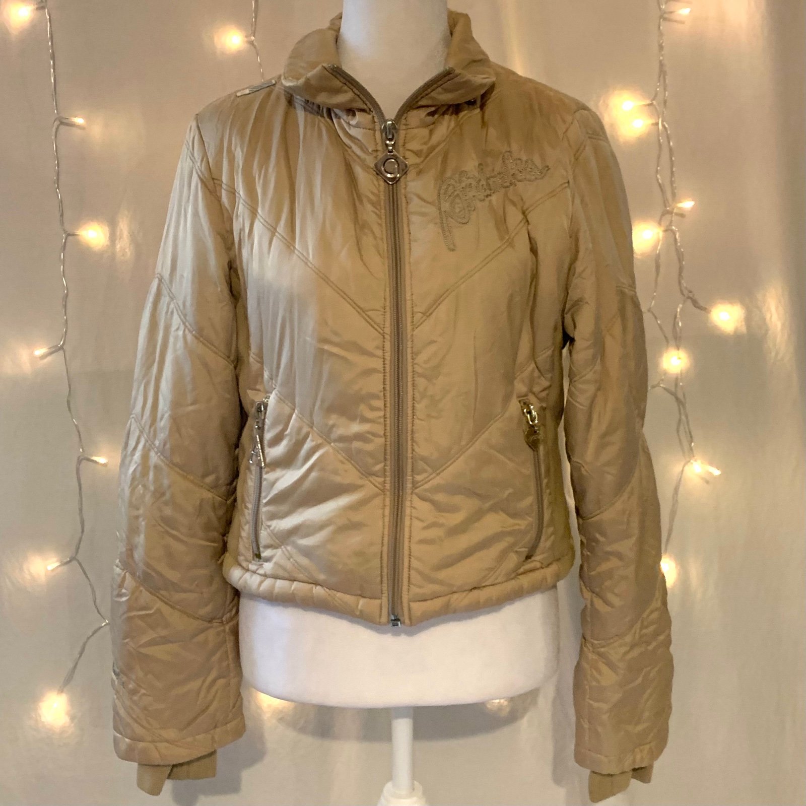 Akademiks Y2K McBling Baddie Puffer Jacket - Tan, Very Good Used Condition
