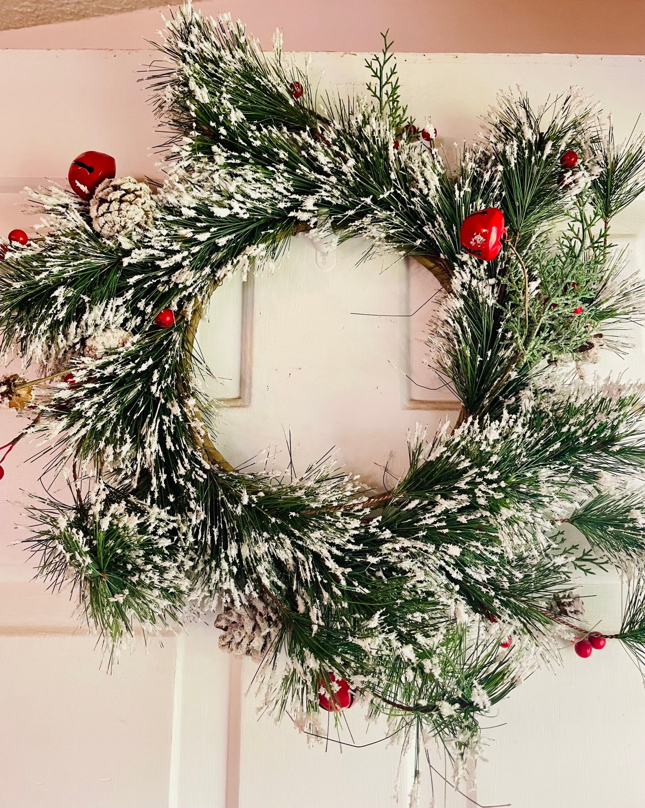 Snowy Pine w/Red Bells & Berries Wreath