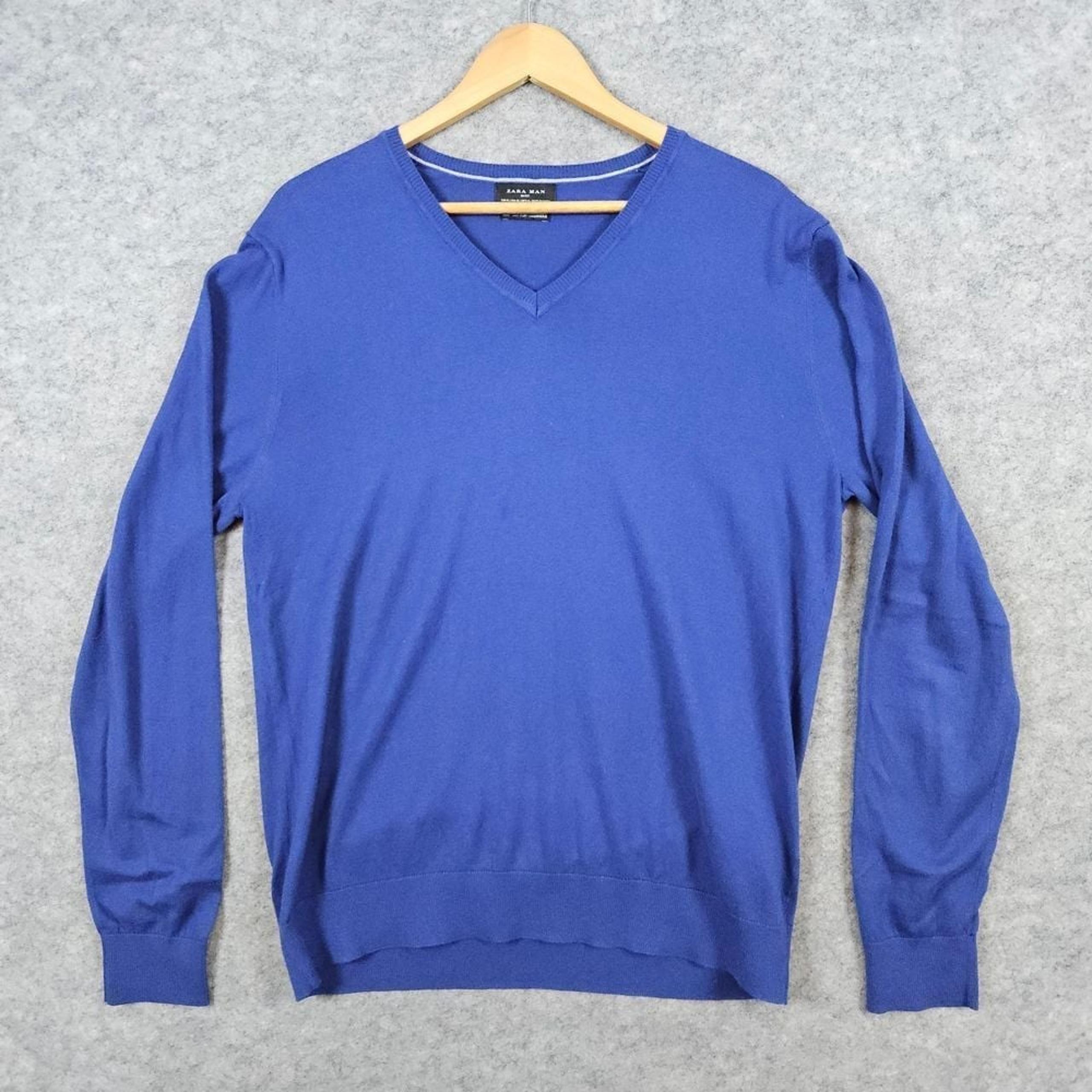 ZARA Man Basic Blue Sweater Size XL Silk/Cotton/Cashmere Blend V-Neck Preppy