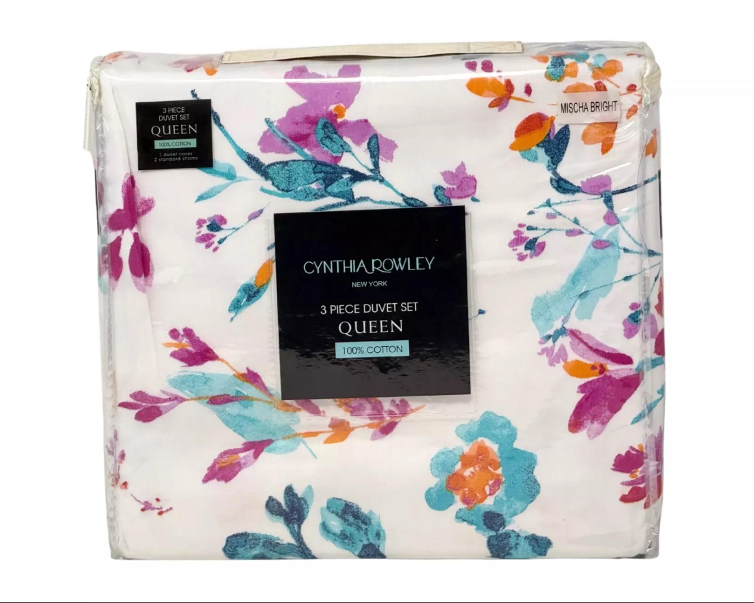 CYNTHIA ROWLEY QUEEN Cotton Mischa Bright Floral Duvet Cover & 2 Shams Set NEW