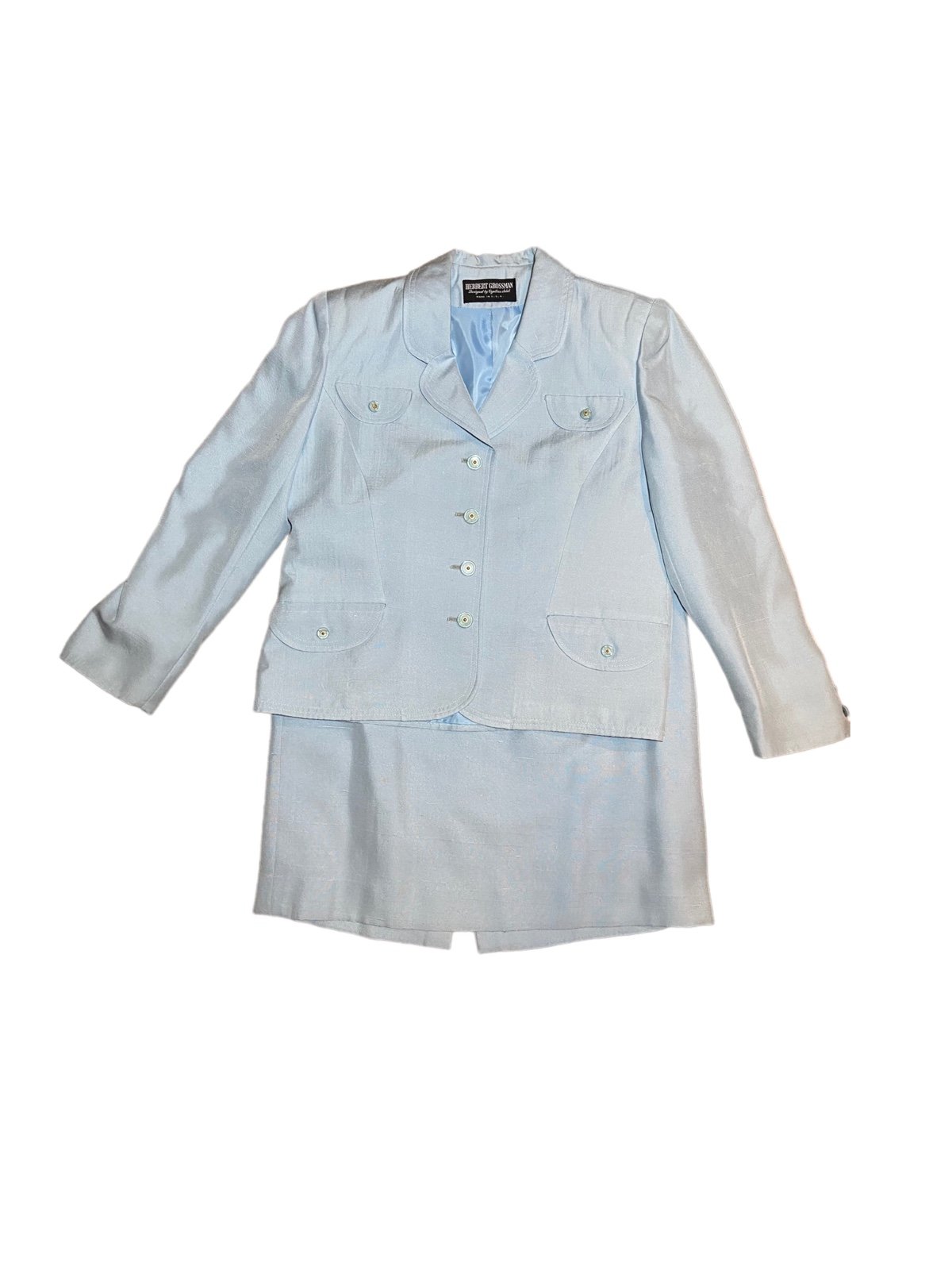 Vintage Herbert Grossman Silk Light Blue Ladies Suit 16 Two Piece Skirt Set