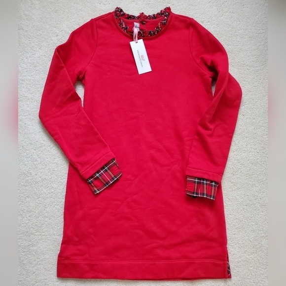 NWT Vineyard Vines Girls' Red Ruffle neck Sweatshirt Dress szL (14)