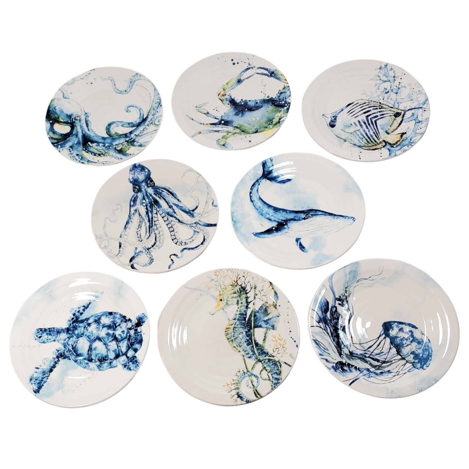 8/Set Pier 1 Sea Life Ironstone Salad Plate 9 Watercolor Ocean Discontinued