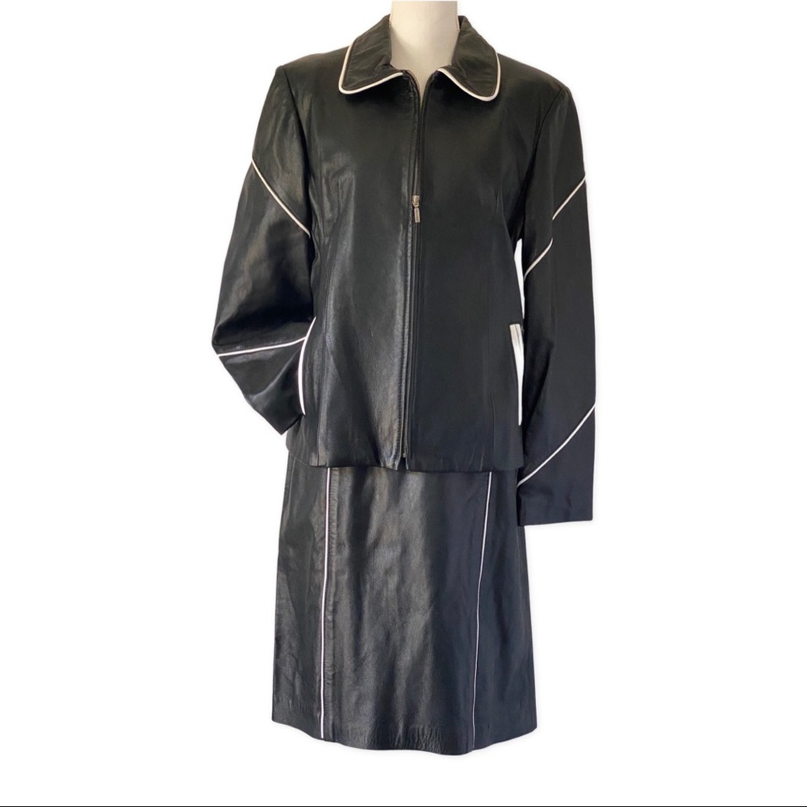 Vintage DC Collection Black Leather Skirt Suit With White Piping