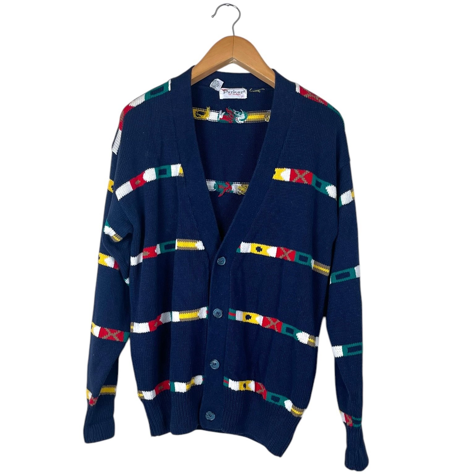 Vintage Parker Of Vienna Striped Flag Cardigan Men’s Size XL Navy Blue Academia
