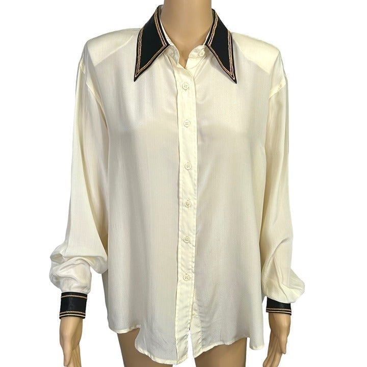 A.M. Studio Womens XL 100% Silk Faux Leather Collar Cuffs Button Up Blouse Shirt