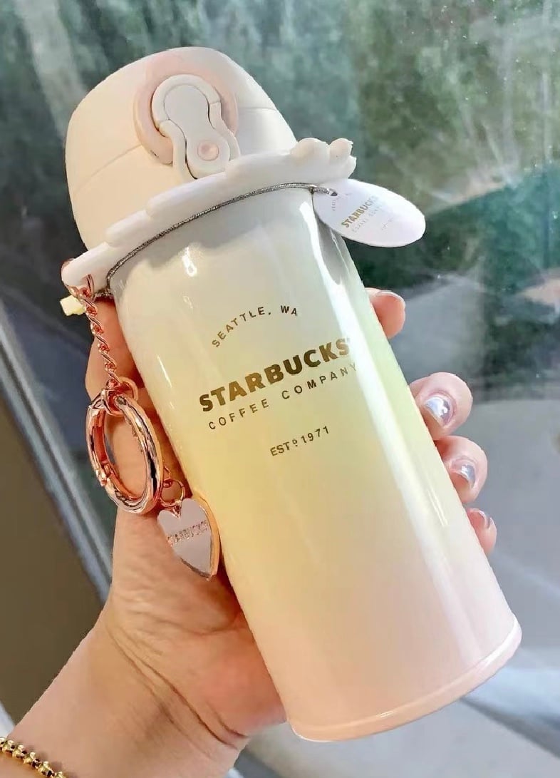 Starbucks Stainless Steel Vacuum Thermos Cup Rainbow Pink with Pendant Charm Key