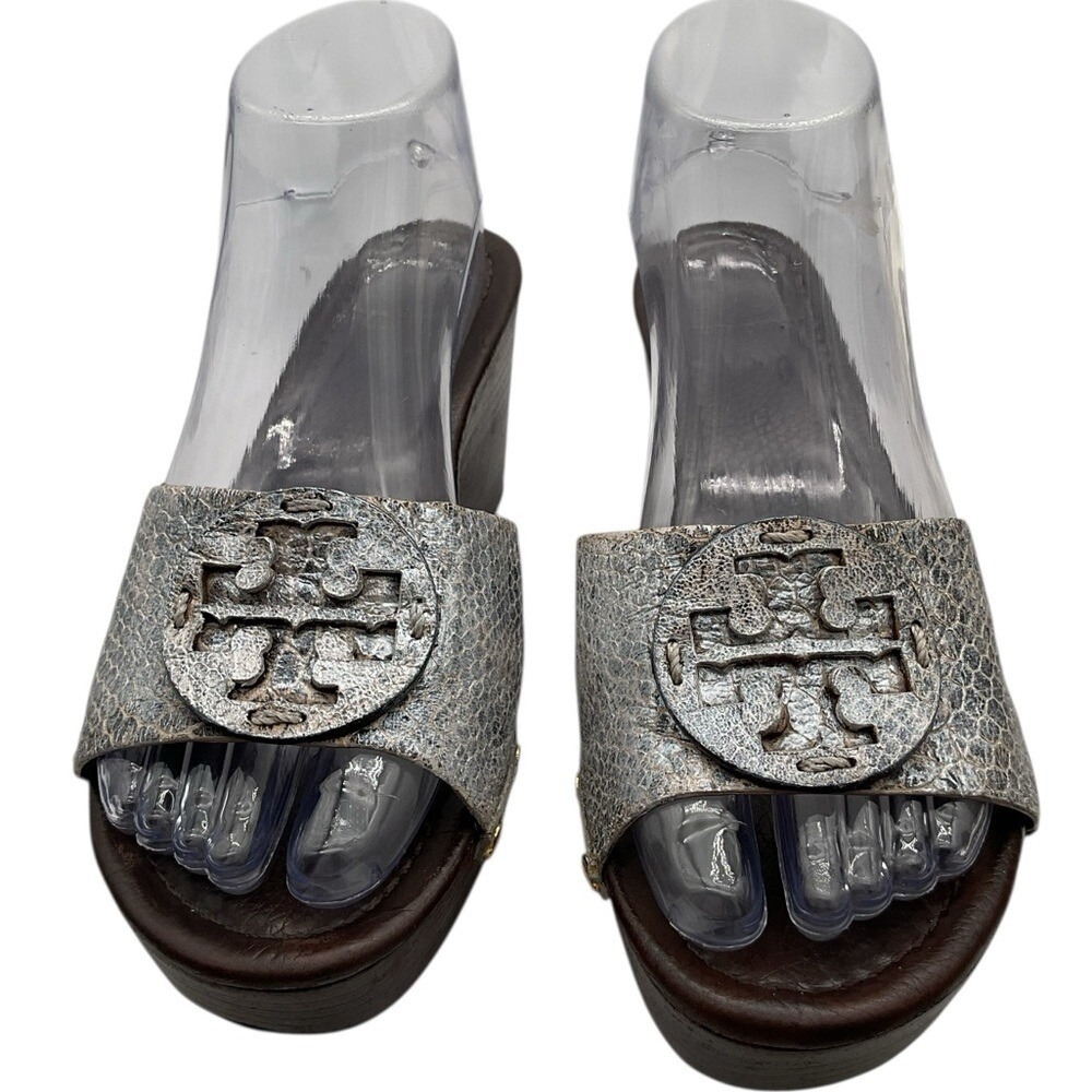 Tory Burch Silver Sandals with Medallion Logo