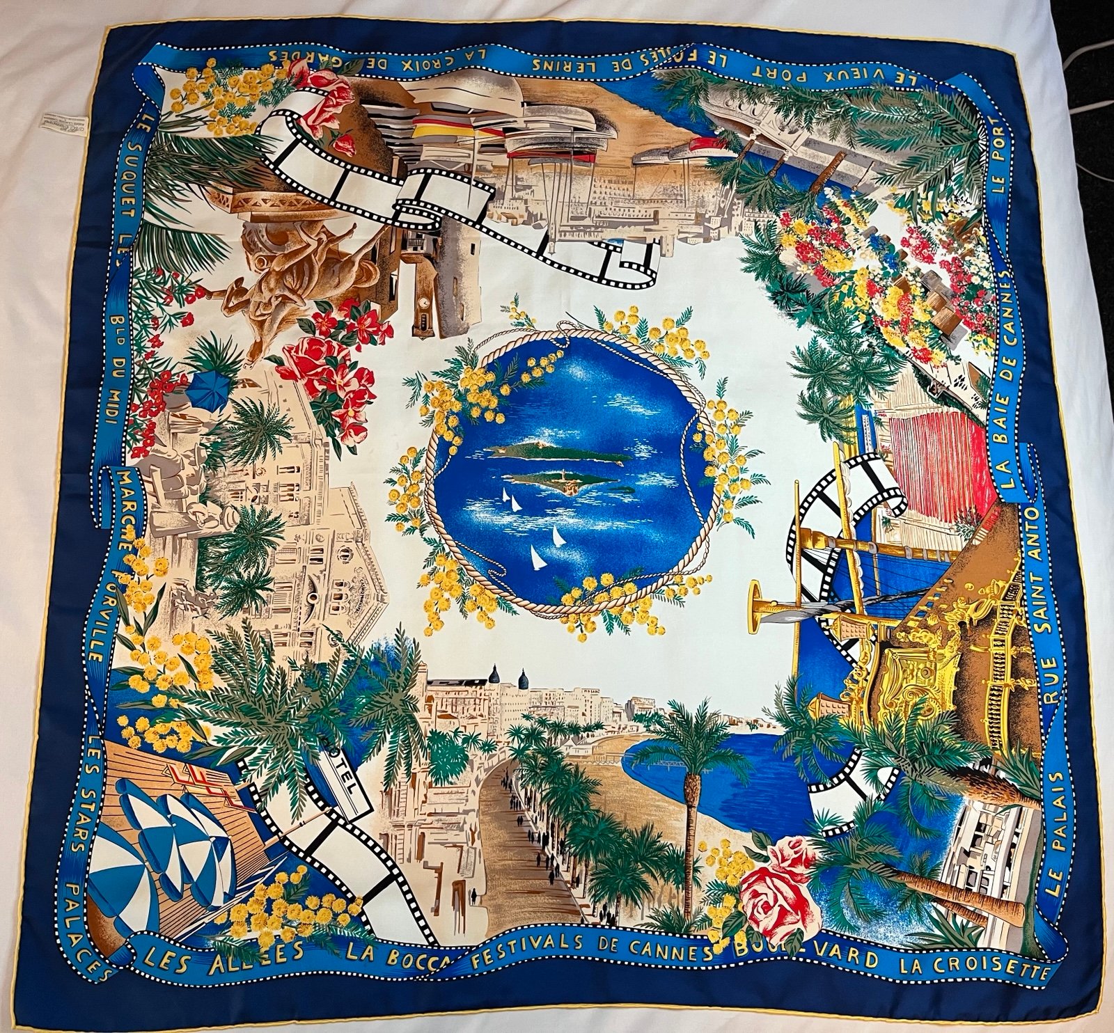 Vintage ANDRE CLAUDE CANOVA SILK SCARF Port Beach Boats colorful 34x34