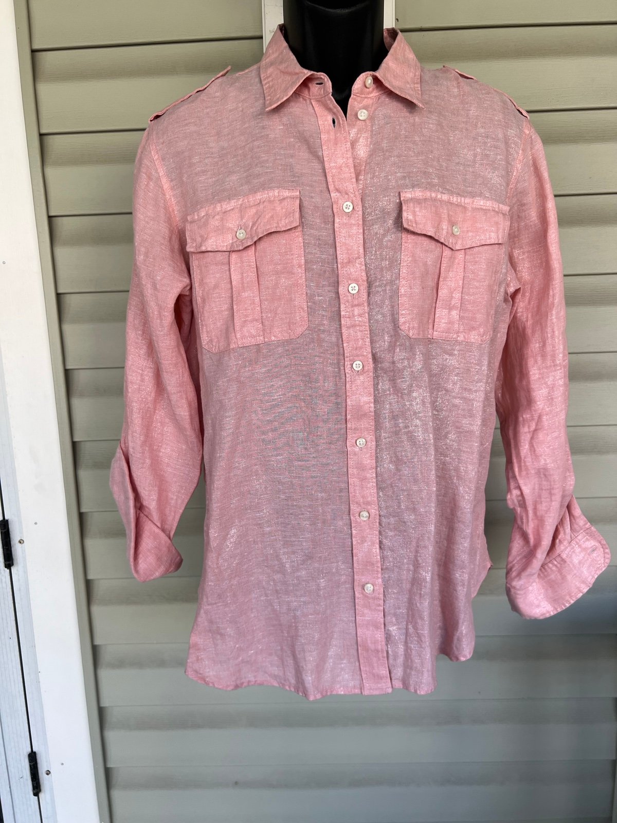 Lauren Ralph Lauren Womens Top L Shimmering PINK Linen Button Up Long Sleeve NWT