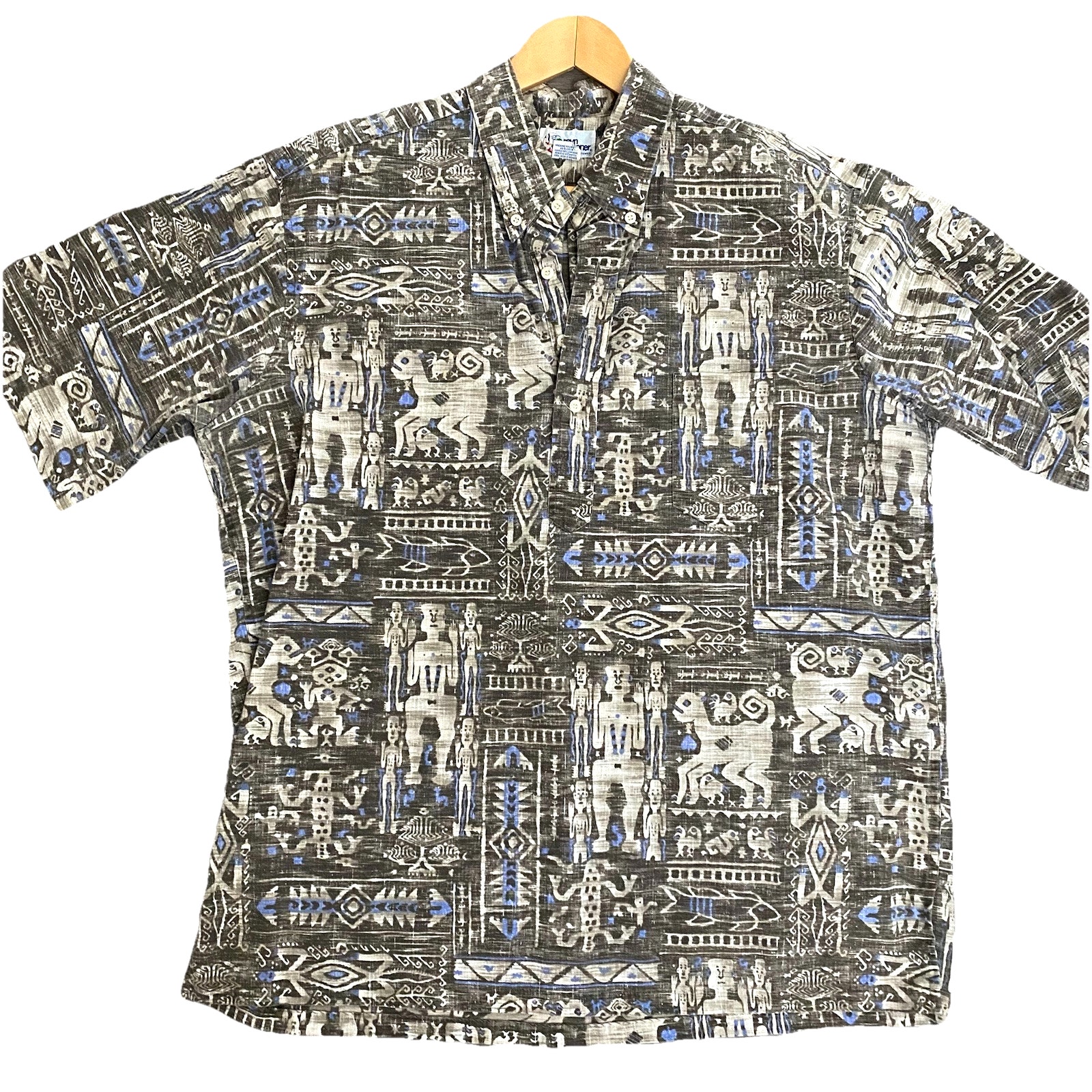 Reyn Spooner Shirt Half Button Short Sleeve Tribal Brown Gray Hawaiian XXL