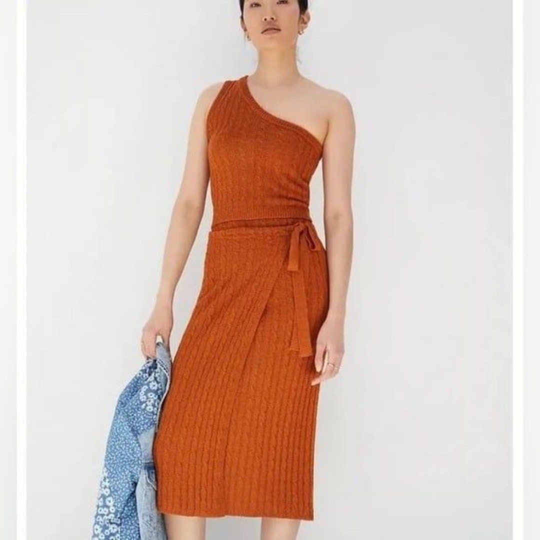 Anthropologie Current Air Ribbed Knit Skirt Rust Orange Brown Medium Petite