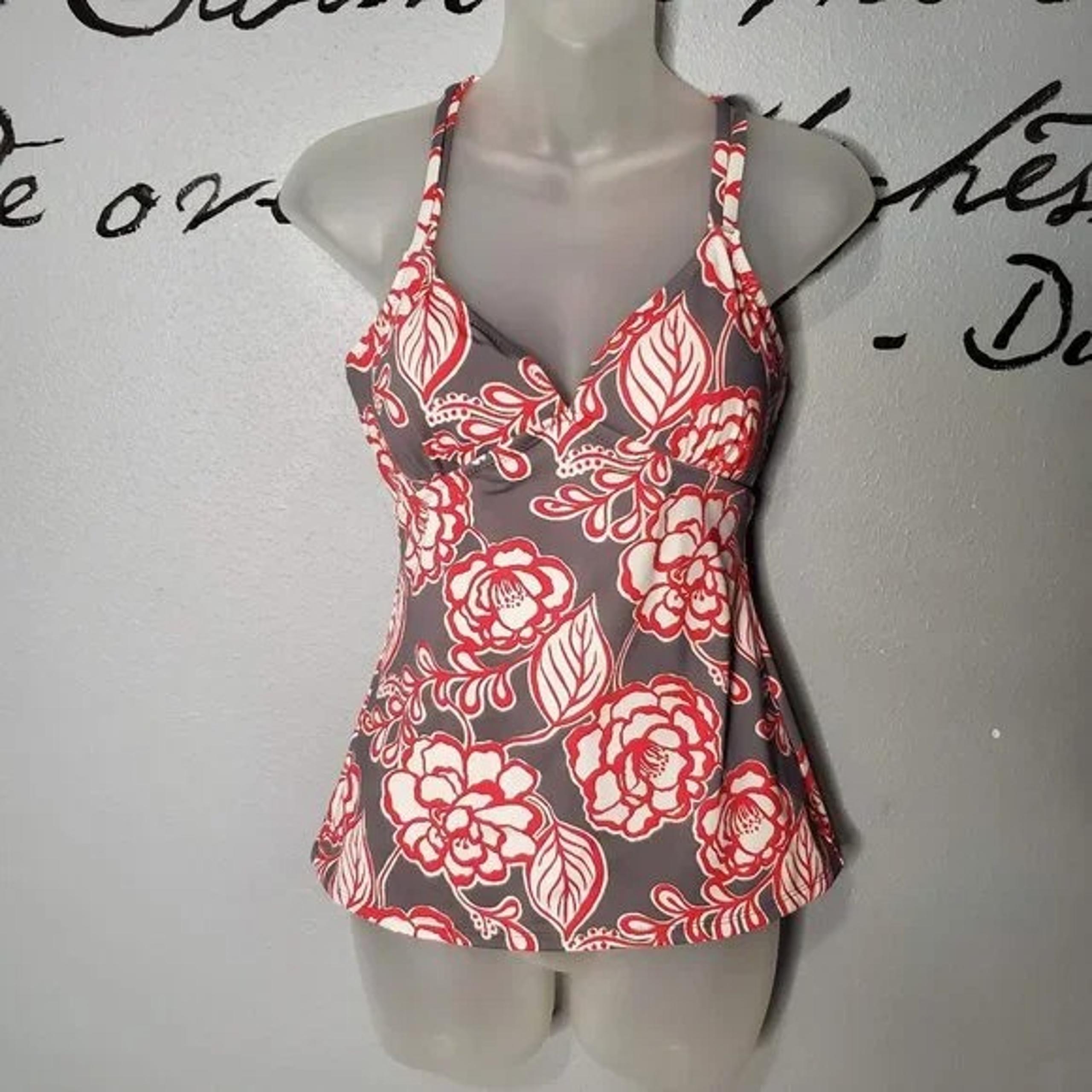 Garnet Hill Womens' Retro Floral Print Tankini Top, Gray, Red, White