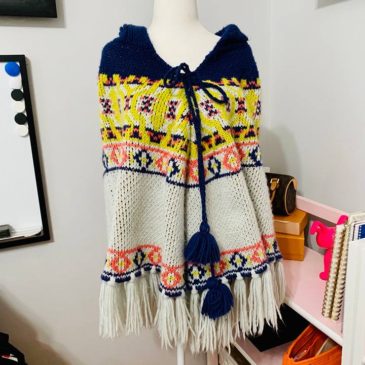 FREE PEOPLE BOHO KNIT WITH TASSELS AND FRINGE PONCHO