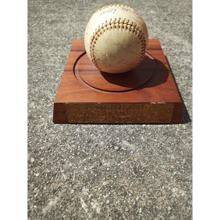 1963 National Pony Champs Signed Team Baseball Trophy On Wooden Base