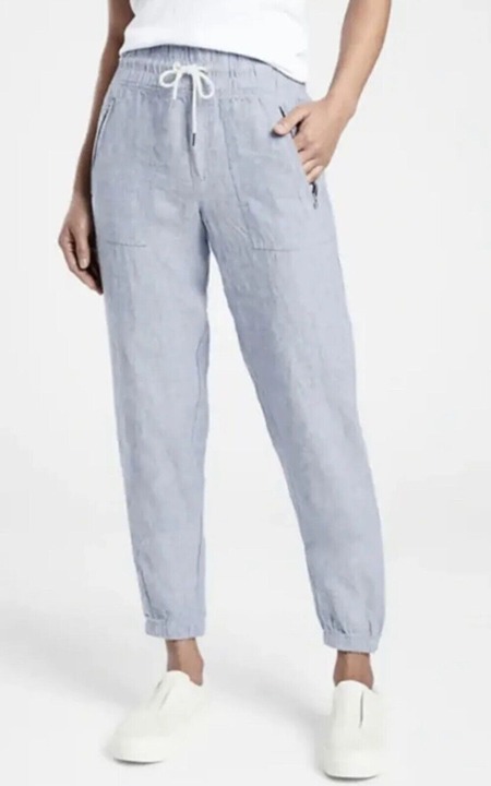 Athleta Cabo Linen Jogger Cuffed Ankle Pant Chambray Blue Size 6 Women EUC