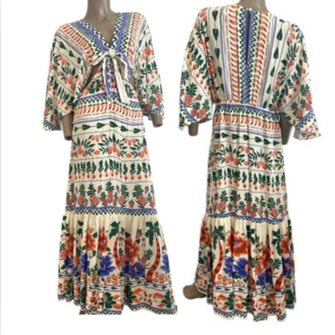 Farm Rio Anthropologie v-neck side cutout knot front maxi dress D2 2130