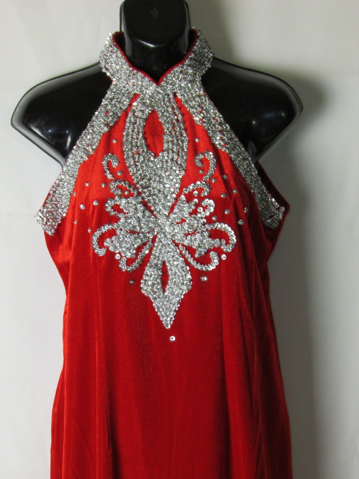 Velvet hand beaded sequin gown Hot Red with Silver Sequins, Silver Beads SizeXL