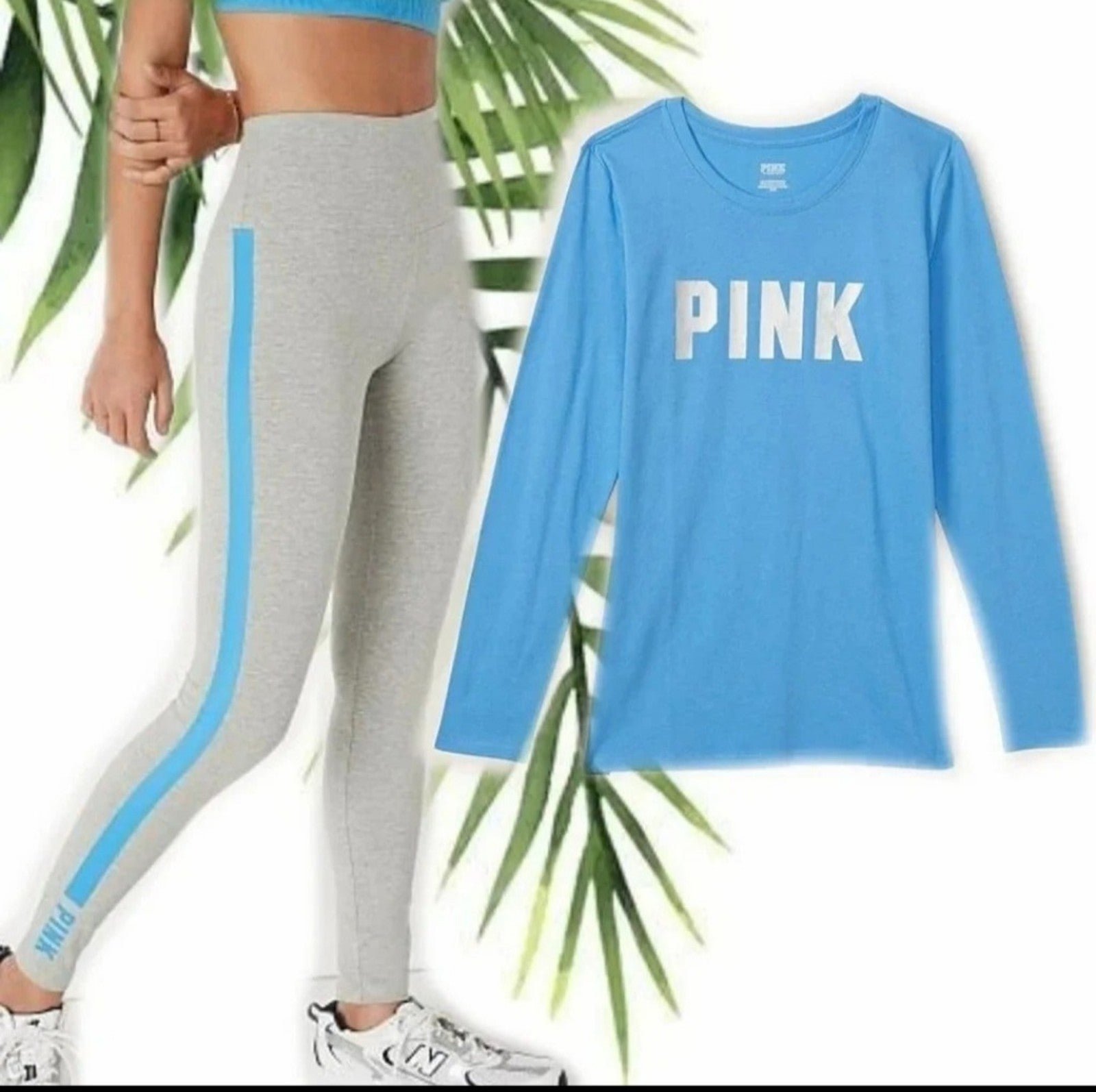 VS PINK outfit Campus Tee leggings set blue shine L azure