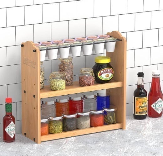 NATFAIRY Bamboo Countertop Adjustable Shelf Rack Organizer Coffee Pods & Spices