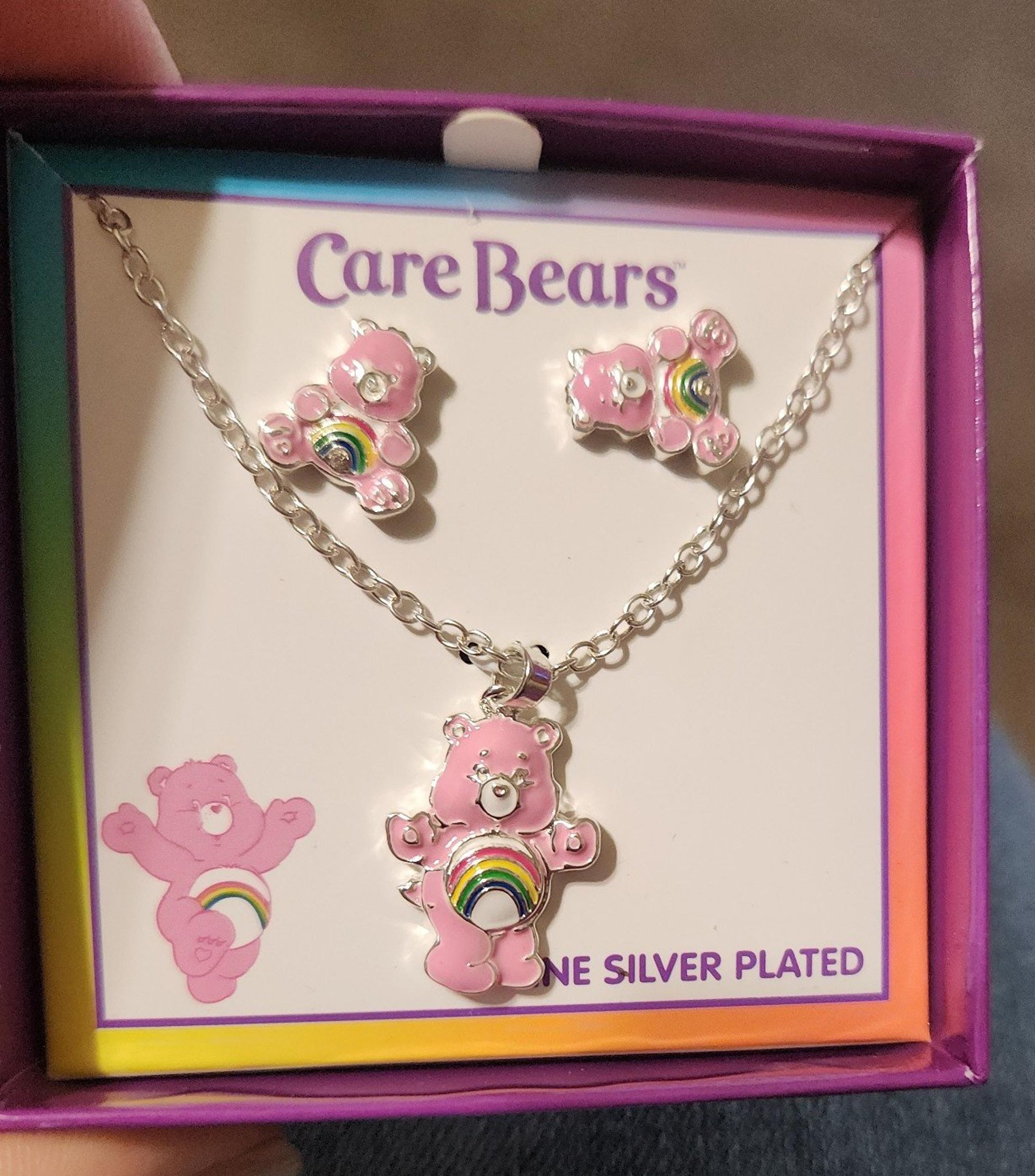Pink Rainbow Bear Earring/Necklace Set NIB - Care Bears
