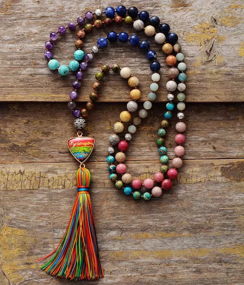 108 Beads Mala Prayer Necklace- Natural Stone 7 Chakra Tassel Grounding Necklace